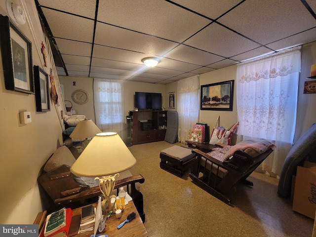 living room featuring a wealth of natural light and a paneled ceiling