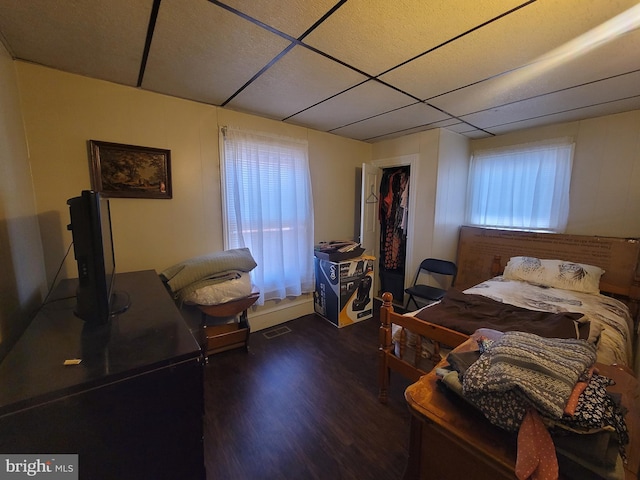 bedroom with dark hardwood / wood-style flooring and a drop ceiling