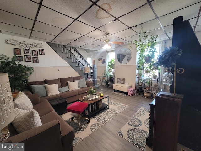 living room with a paneled ceiling, wood-type flooring, ceiling fan, and a wealth of natural light