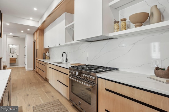 kitchen featuring white cabinetry, light hardwood / wood-style floors, high end stove, backsplash, and sink