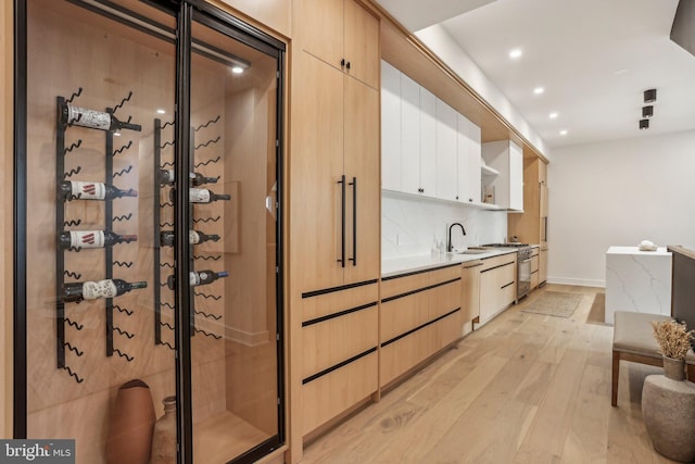 wine cellar featuring sink and light hardwood / wood-style flooring