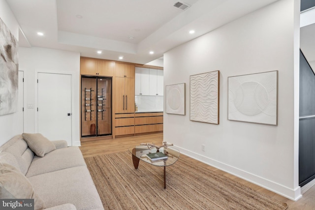 living room with a tray ceiling and light hardwood / wood-style flooring