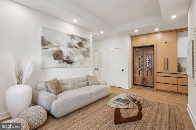 living room with light hardwood / wood-style flooring and a raised ceiling