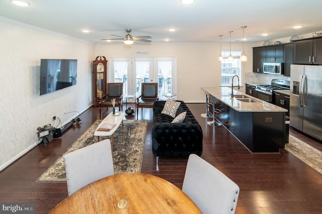 interior space featuring dark wood-type flooring, ceiling fan, ornamental molding, and sink