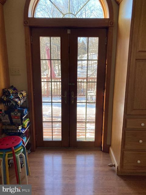 entryway featuring light hardwood / wood-style floors and french doors