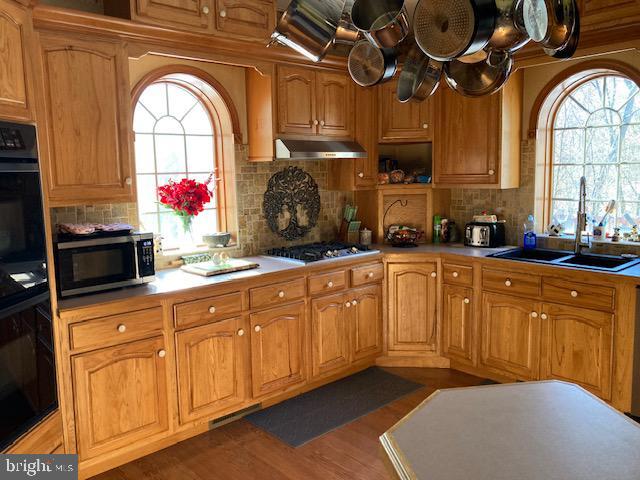 kitchen with stainless steel gas stovetop, dark hardwood / wood-style floors, decorative backsplash, and sink