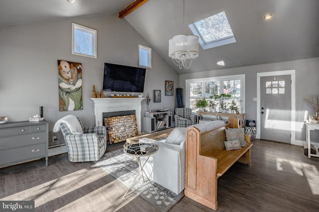 living room featuring dark hardwood / wood-style flooring, a skylight, an inviting chandelier, high vaulted ceiling, and beam ceiling