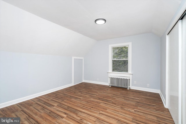 additional living space featuring wood-type flooring, radiator, and lofted ceiling