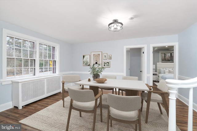 dining room featuring dark hardwood / wood-style floors and radiator heating unit