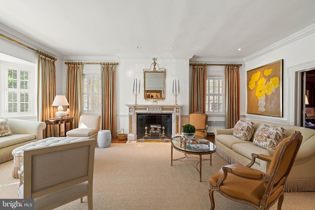 living room featuring light colored carpet and crown molding