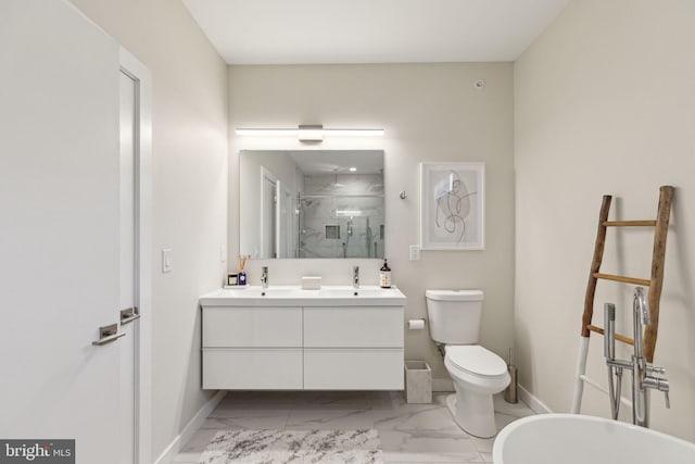 full bath with marble finish floor, a shower stall, baseboards, and double vanity