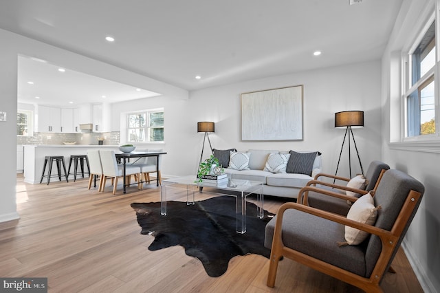 living room featuring a wealth of natural light and light hardwood / wood-style flooring