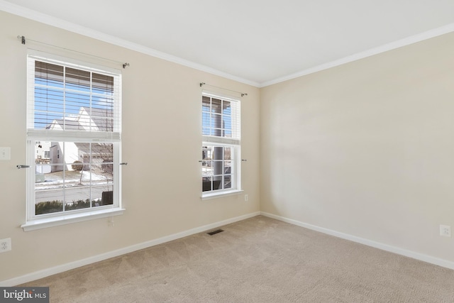 spare room featuring ornamental molding and light carpet