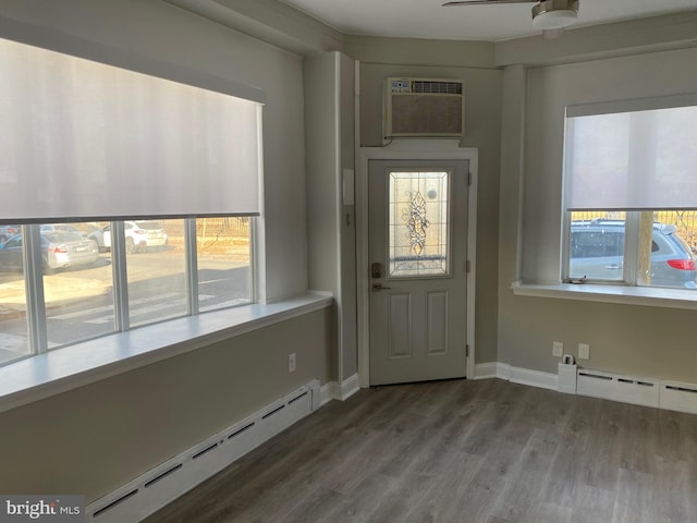 doorway with a wall unit AC, a healthy amount of sunlight, and a baseboard radiator