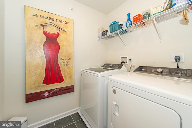 laundry room with washing machine and dryer and dark tile patterned flooring