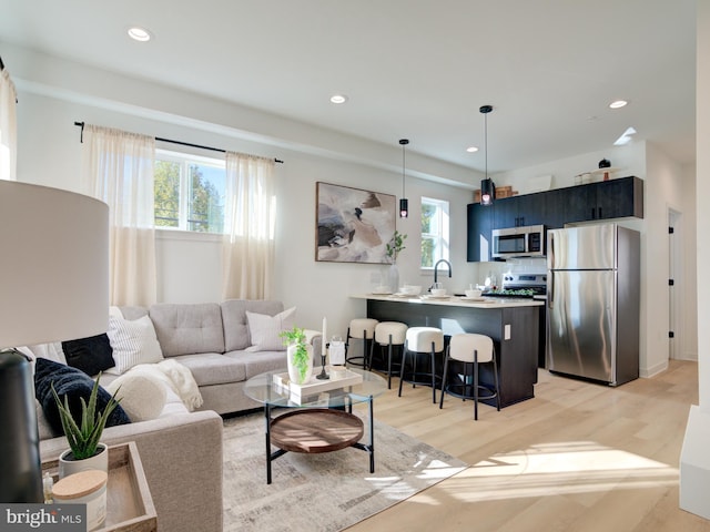 living room featuring light wood-type flooring and sink