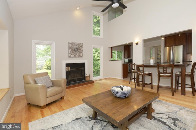 living room featuring a fireplace, high vaulted ceiling, and plenty of natural light