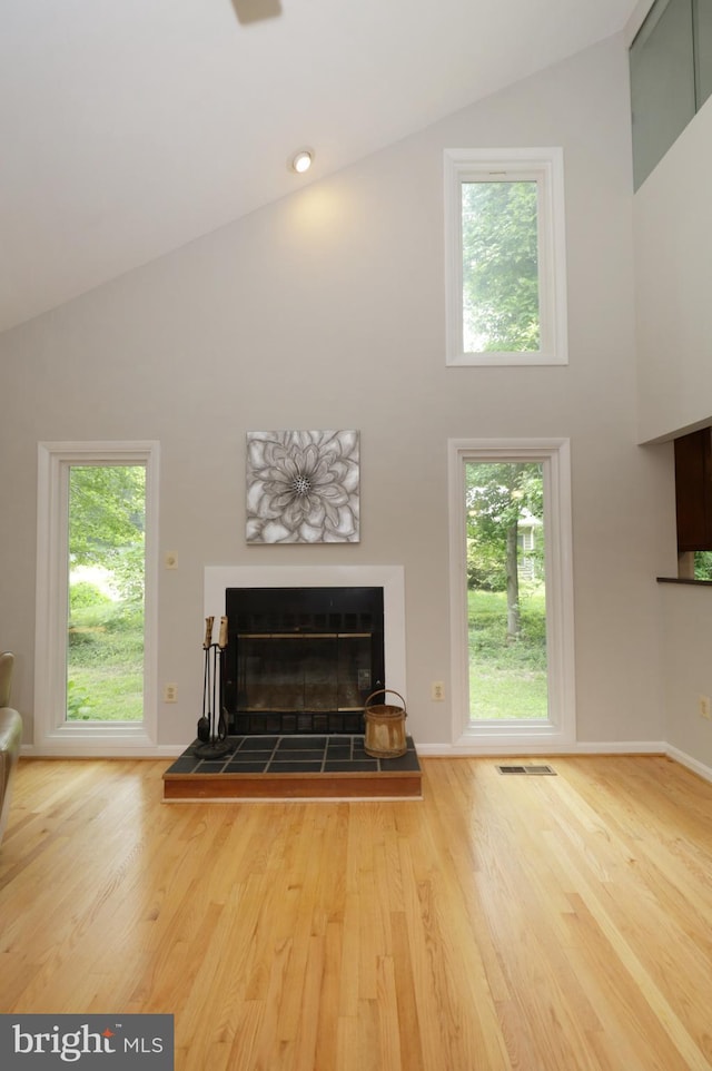 living room with a fireplace, high vaulted ceiling, and hardwood / wood-style floors