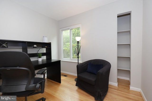 office with light hardwood / wood-style flooring and a healthy amount of sunlight