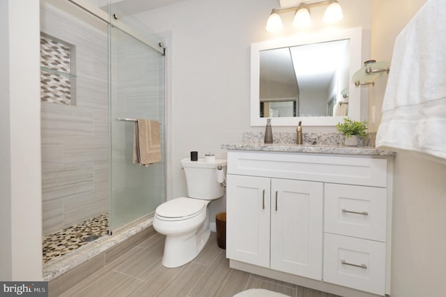 bathroom featuring vanity, toilet, and an enclosed shower