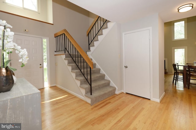 foyer with a towering ceiling and light hardwood / wood-style floors