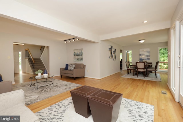 living room featuring hardwood / wood-style floors and rail lighting