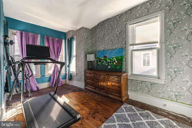 exercise area with a wealth of natural light and dark hardwood / wood-style floors