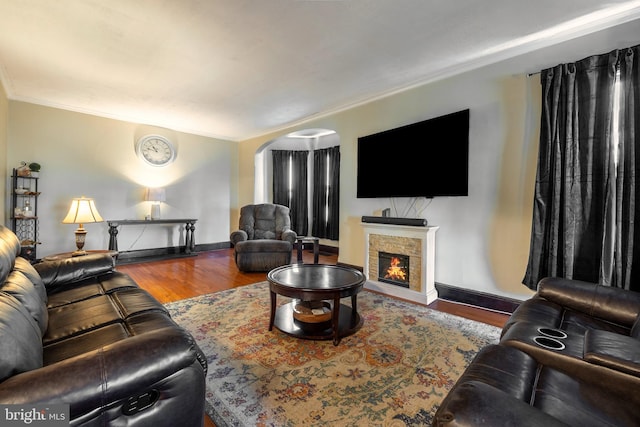 living room with ornamental molding, a stone fireplace, and hardwood / wood-style flooring