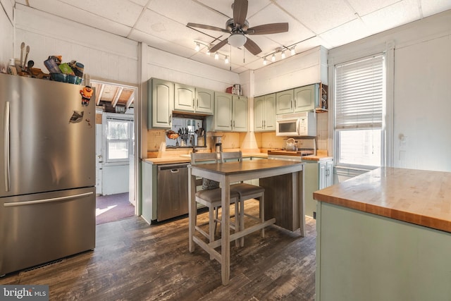 kitchen featuring stainless steel appliances, a paneled ceiling, and dark hardwood / wood-style floors