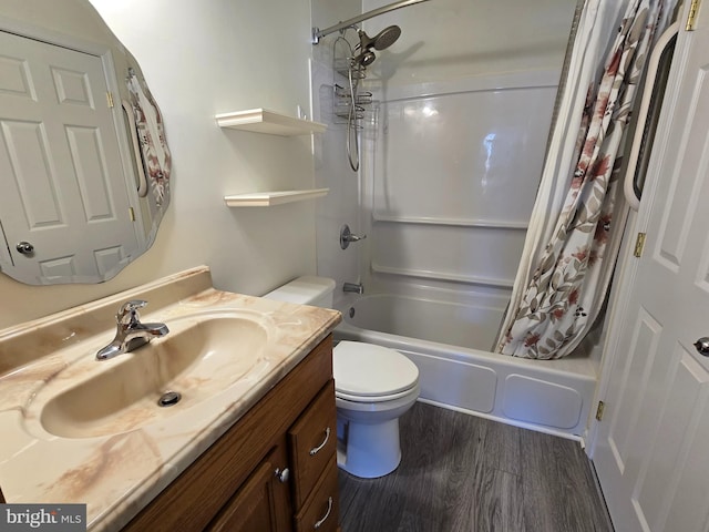 full bathroom featuring toilet, shower / bathtub combination with curtain, wood-type flooring, and vanity