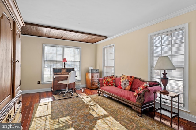 office space featuring wooden ceiling, crown molding, and dark hardwood / wood-style floors