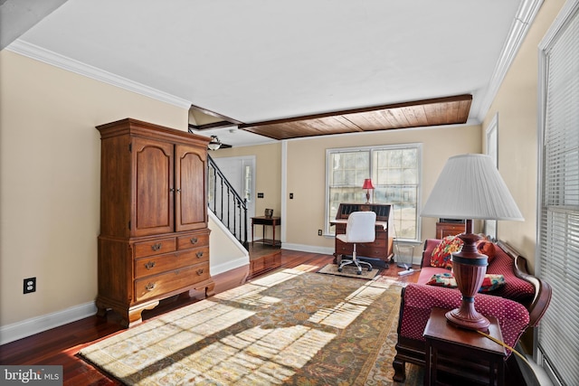 living area with wood ceiling, crown molding, and dark hardwood / wood-style floors