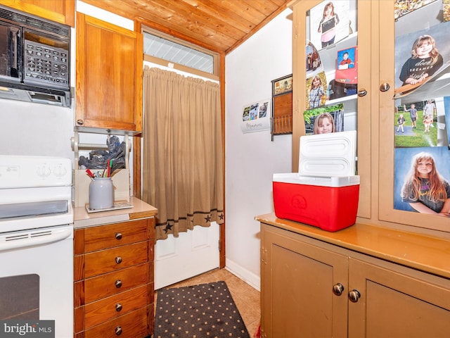 kitchen featuring wooden ceiling and white electric range