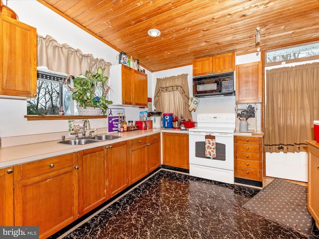 kitchen featuring wooden ceiling, white electric range, and sink