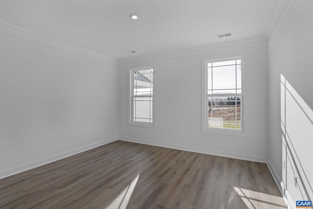 unfurnished room featuring crown molding, plenty of natural light, and wood-type flooring