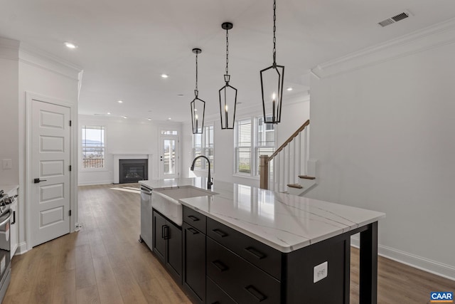 kitchen with sink, an island with sink, wood-type flooring, decorative light fixtures, and ornamental molding