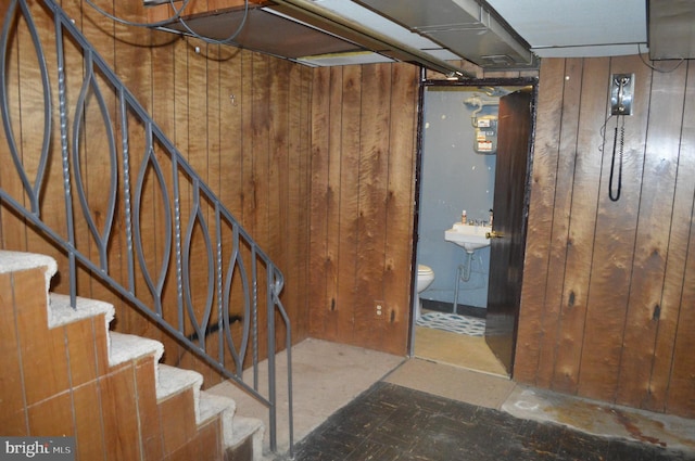 basement featuring wooden walls