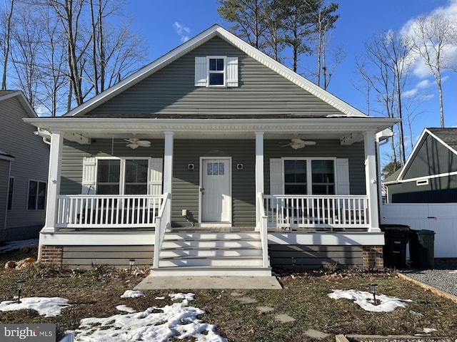 bungalow with ceiling fan and a porch