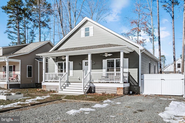 bungalow with covered porch and ceiling fan