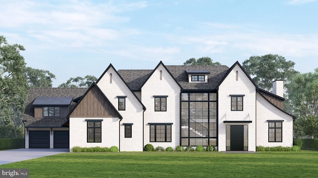 view of front of home with a front lawn and a garage