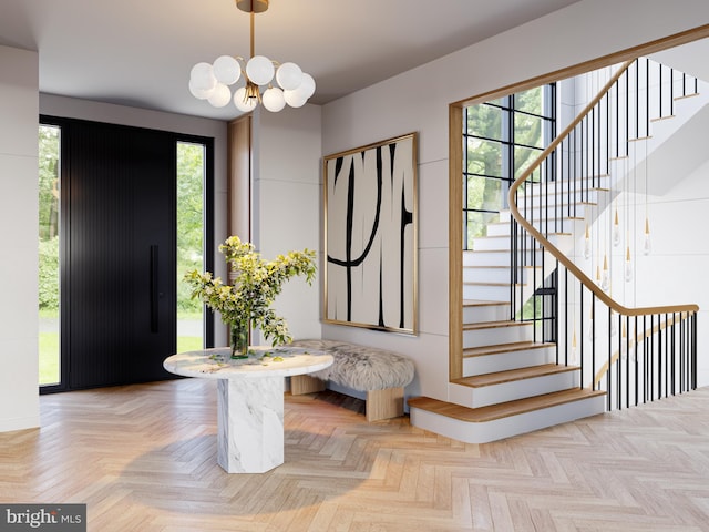 foyer featuring light parquet flooring and a notable chandelier