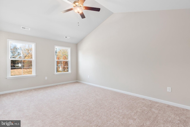 LOT4 Lakeview Dr, Colonial Beach, VA 22443 - carpeted spare room featuring vaulted ceiling, ceiling fan, visible vents, and baseboards