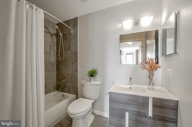 full bathroom with shower / bath combination with curtain, toilet, and vanity