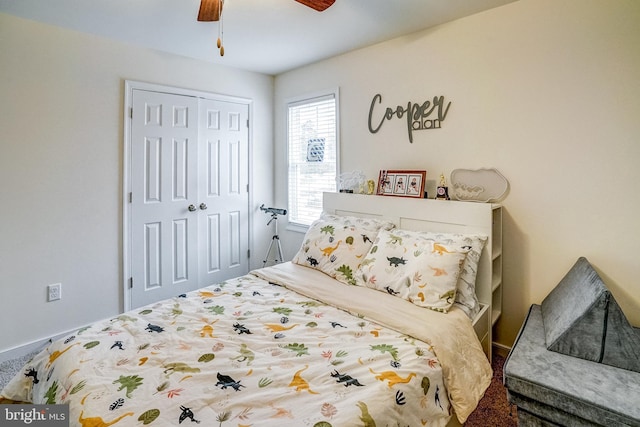 bedroom featuring carpet floors, a closet, and ceiling fan