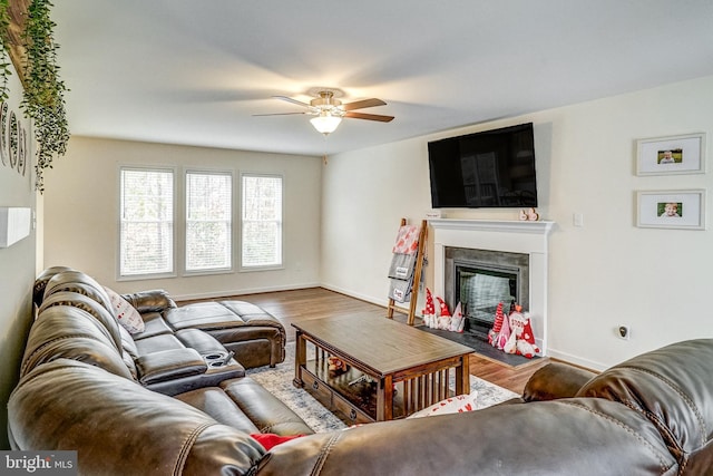 living room featuring hardwood / wood-style flooring and ceiling fan