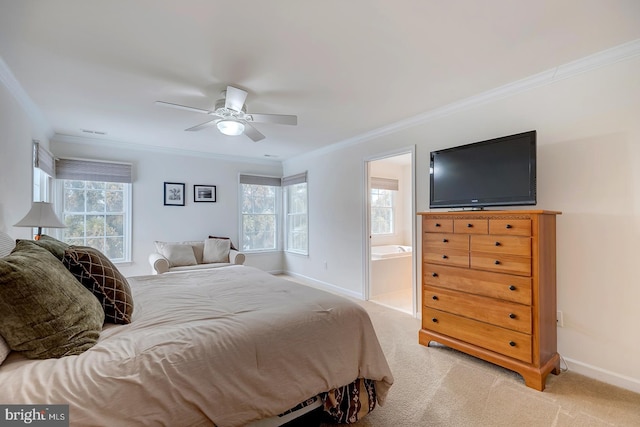 bedroom featuring ceiling fan, light carpet, connected bathroom, and ornamental molding