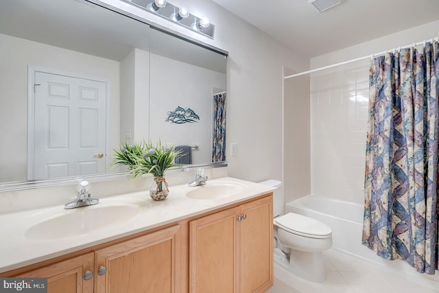 full bathroom featuring toilet, vanity, shower / bath combo, and tile patterned flooring