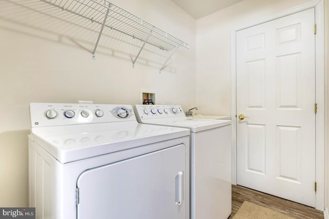 laundry room featuring independent washer and dryer and light hardwood / wood-style flooring