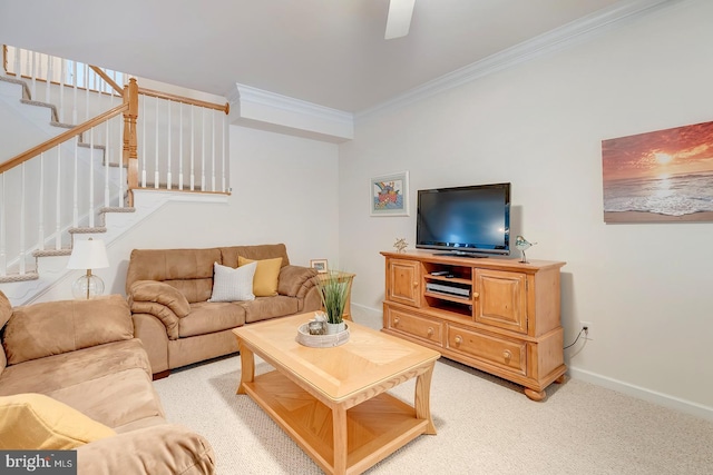 carpeted living room with ornamental molding