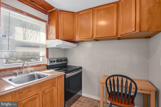 kitchen featuring stainless steel range with electric cooktop, sink, and plenty of natural light